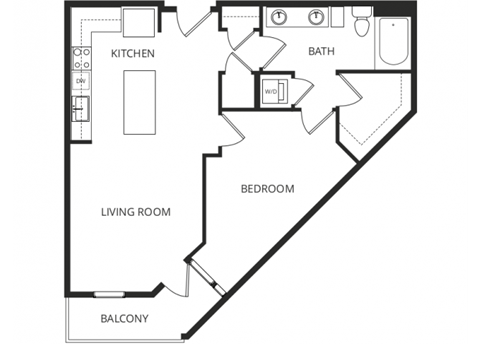 Floor plan for 1 bed, 1 bath, 791 sqft