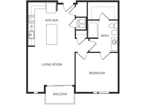 Floor plan for 1 bed, 1 bath, 738 sqft