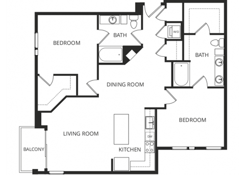 Floor plan for 2 beds, 2 baths, 1251 sqft