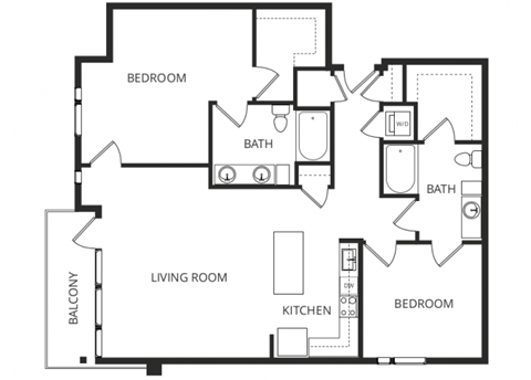 Floor plan for 2 beds, 2 baths, 1345 sqft