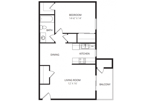 Floor plan for 1 bed, 1 bath, 744 sqft