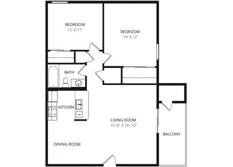 Floor plan for 2 beds, 1 bath, 864 sqft