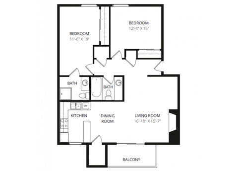 Floor plan for 2 beds, 2 baths, 1043 sqft