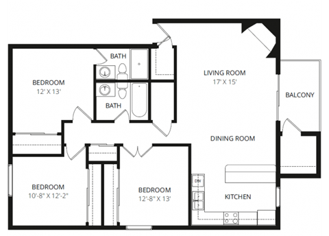 Floor plan for 3 beds, 2 baths, 1235 sqft