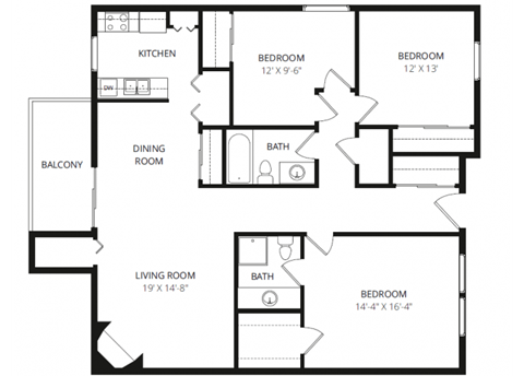 Floor plan for 3 beds, 2 baths, 1501 sqft
