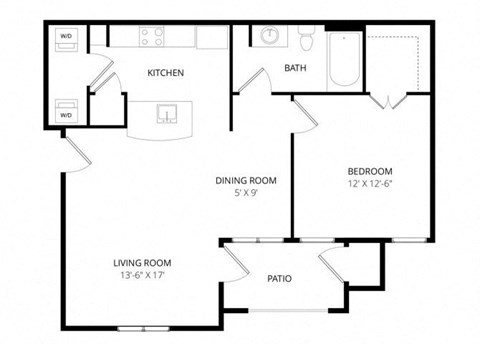 Floor plan for 1 bed, 1 bath, 703 sqft