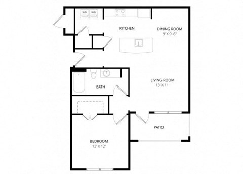 Floor plan for 1 bed, 1 bath, 764 sqft