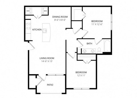 Floor plan for 2 beds, 1 bath, 913 sqft