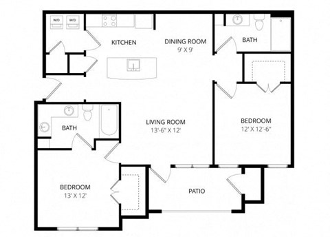 Floor plan for 2 beds, 2 baths, 1017 sqft