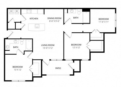 Floor plan for 3 beds, 2 baths, 1189 sqft