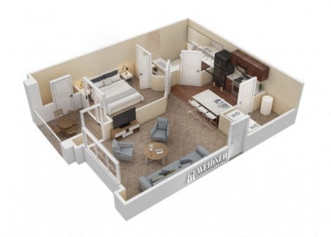 Floor plan for 1 bed, 1 bath, 740 sqft