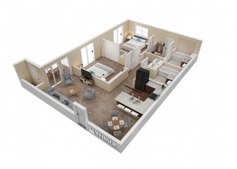 Floor plan for 2 beds, 2 baths, 985 sqft