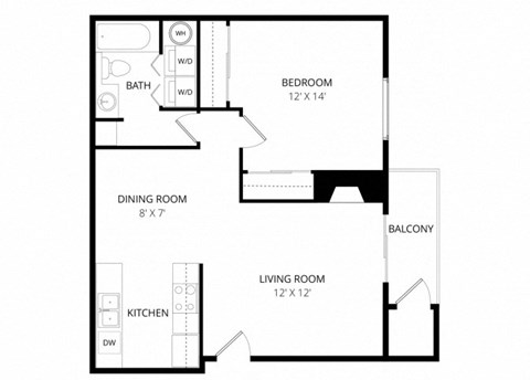 Floor plan for 1 bed, 1 bath, 700 sqft