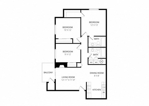 Floor plan for 3 beds, 2 baths, 1070 sqft