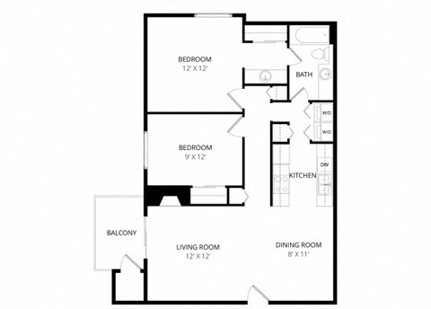 Floor plan for 2 beds, 1 bath, 920 sqft
