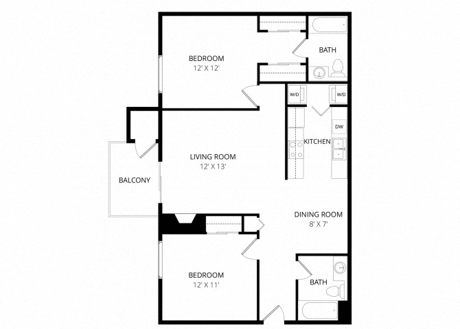 Floor plan for 2 beds, 2 baths, 950 sqft