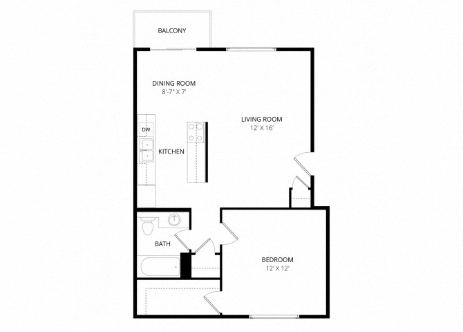 Floor plan for 1 bed, 1 bath, 700 sqft