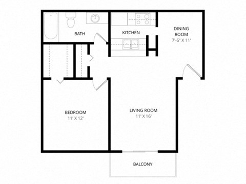Floor plan for 1 bed, 1 bath, 648 sqft