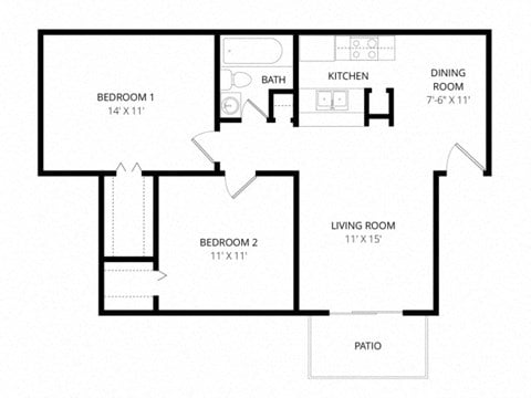 Floor plan for 2 beds, 1 bath, 802 sqft