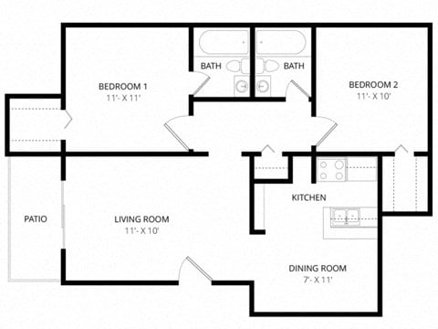 Floor plan for 2 beds, 2 baths, 867 sqft