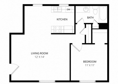Floor plan for 1 bed, 1 bath, 650 sqft