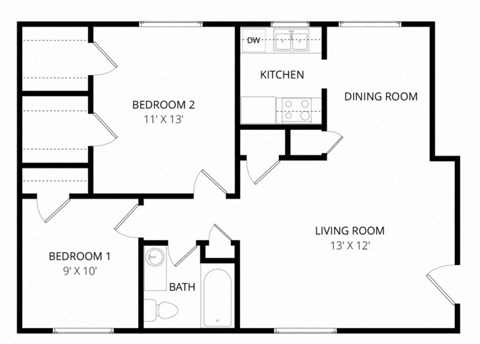 Floor plan for 2 beds, 1 bath, 800 sqft