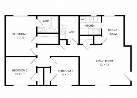 Floor plan for 3 beds, 2 baths, 1000 sqft