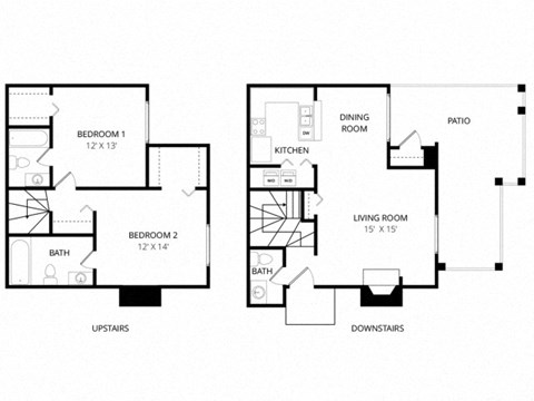 Floor plan for 2 beds, 2.5 baths, 1250 sqft