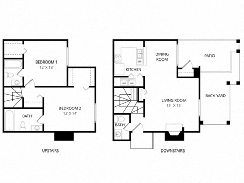 Floor plan for 2 beds, 2.5 baths, 1236 sqft