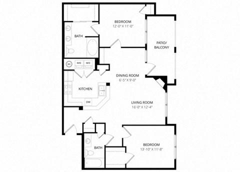 Floor plan for 2 beds, 2 baths, 1039 sqft