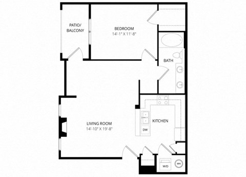 Floor plan for 1 bed, 1 bath, 762 sqft