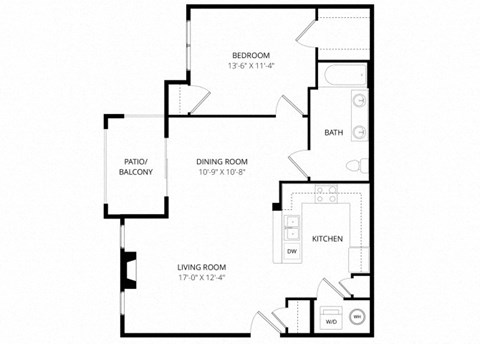 Floor plan for 1 bed, 1 bath, 781 sqft