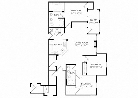 Floor plan for 3 beds, 2 baths, 1330 sqft