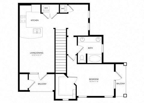 Floor plan for 1 bed, 1 bath, 859 sqft