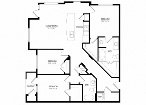 Floor plan for 3 beds, 2 baths, 1408 sqft
