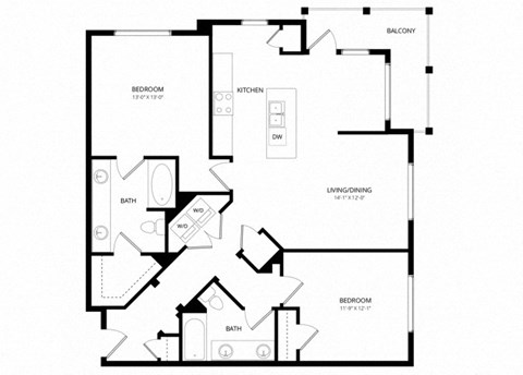 Floor plan for 2 beds, 2 baths, 1143 sqft