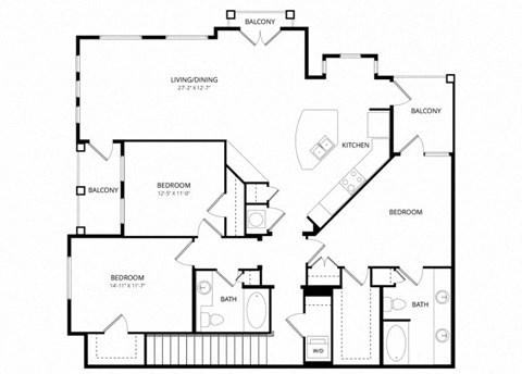Floor plan for 3 beds, 2 baths, 1607 sqft