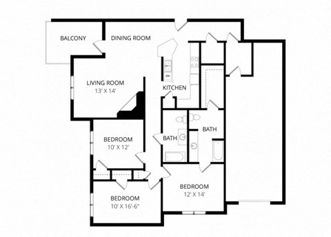 Floor plan for 3 beds, 2 baths, 1434 sqft