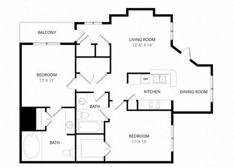 Floor plan for 2 beds, 2 baths, 1109 sqft