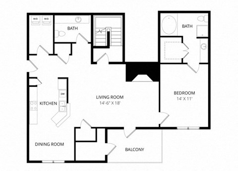 Floor plan for 1 bed, 1.5 baths, 952 sqft