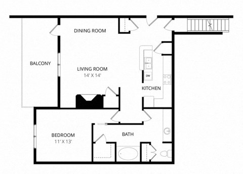 Floor plan for 1 bed, 1 bath, 967 sqft