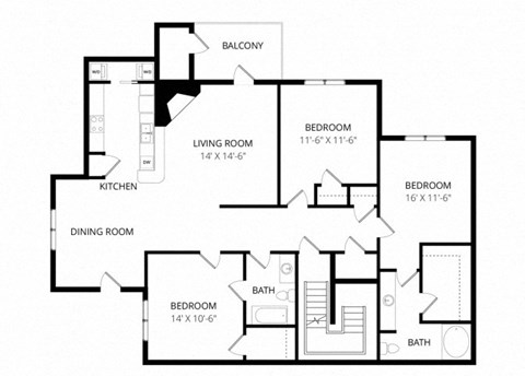 Floor plan for 3 beds, 2 baths, 1347 sqft