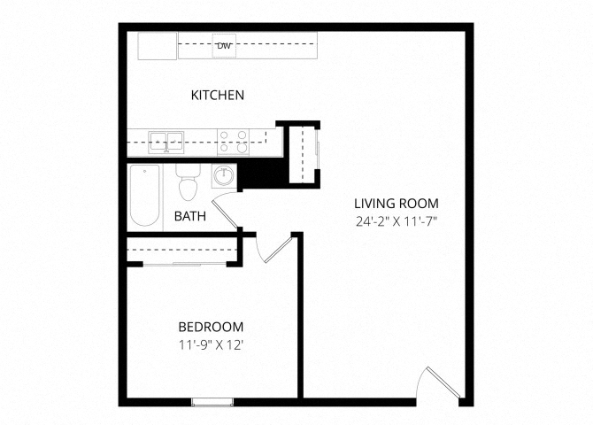 Floor plan for 1 bed, 1 bath, 580 sqft