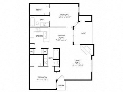 Floor plan for 2 beds, 2 baths, 1040 sqft