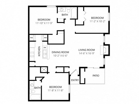 Floor plan for 3 beds, 2 baths, 1209 sqft