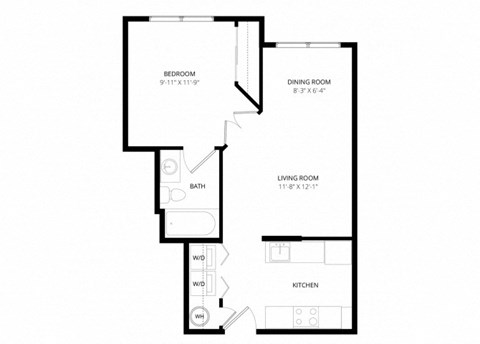 Floor plan for 1 bed, 1 bath, 533 sqft