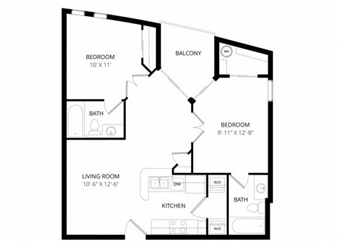 Floor plan for 2 beds, 2 baths, 733 sqft