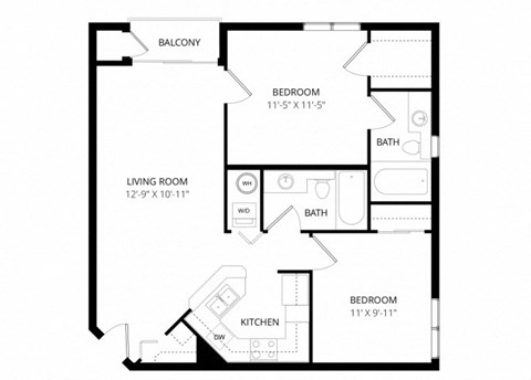 Floor plan for 2 beds, 2 baths, 801 sqft