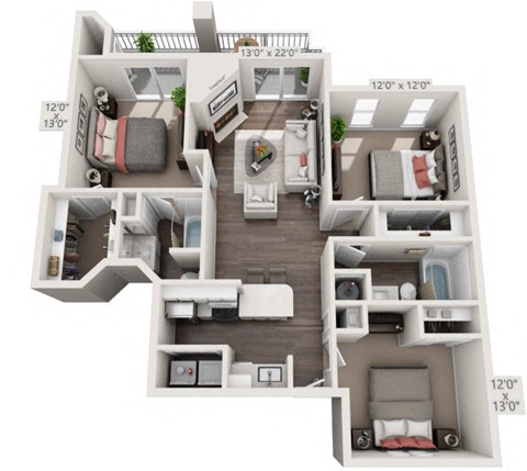 Floor plan for 3 beds, 2 baths, 1234 sqft