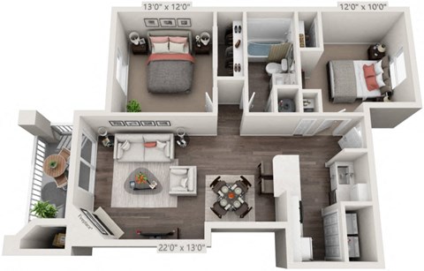 Floor plan for 2 beds, 1 bath, 916 sqft
